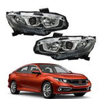Right+Left Headlights For 2016-20 Honda Civic Halogen Electroplated Trim