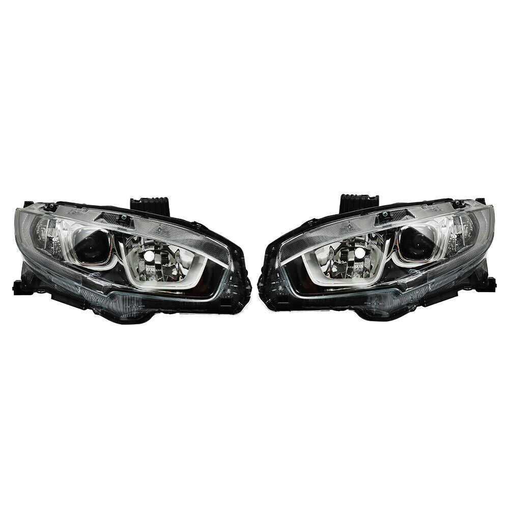 Right+Left Headlights For 2016-20 Honda Civic Halogen Electroplated Trim