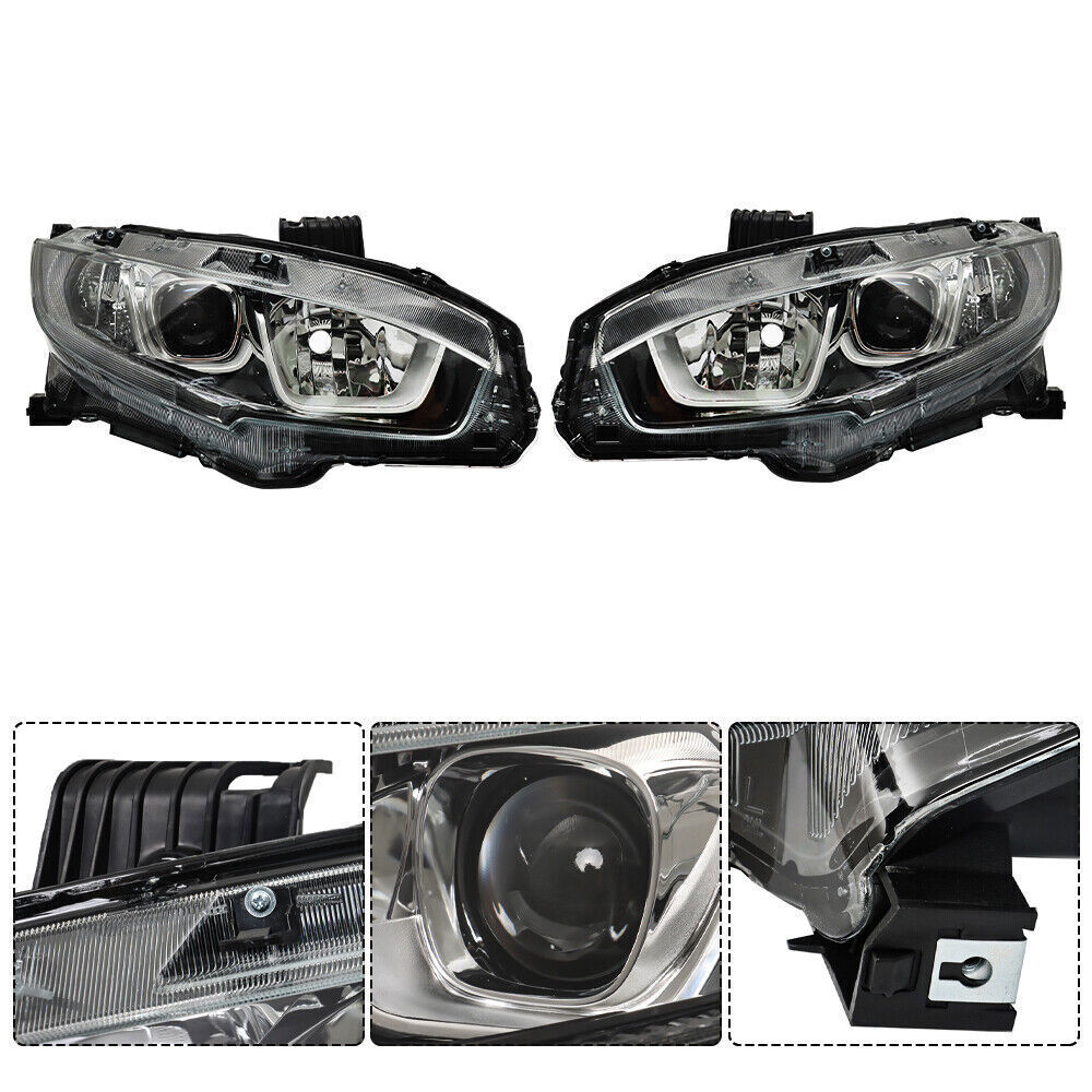 Right+Left Headlights For 2016-20 Honda Civic Halogen Electroplated Trim