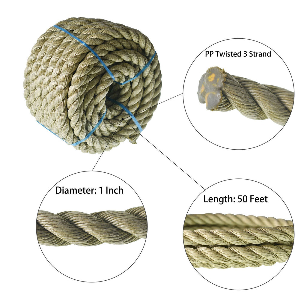 Manila Rope 1"×50' PP 3 Strand Twisted Rope Arborist Bull Rope Climbing Rope