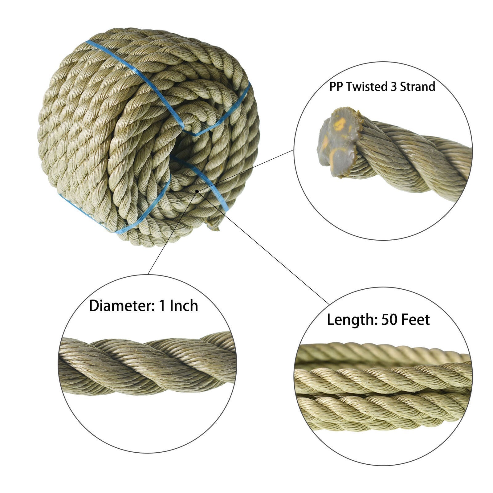Manila Rope 1"×50' PP 3 Strand Twisted Rope Arborist Bull Rope Climbing Rope