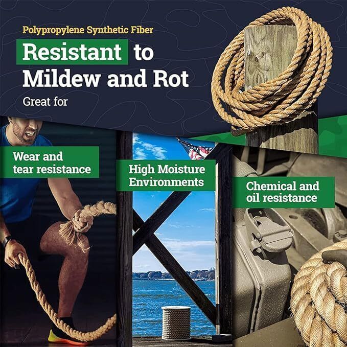 Manila Rope 1"×50' PP 3 Strand Twisted Rope Arborist Bull Rope Climbing Rope