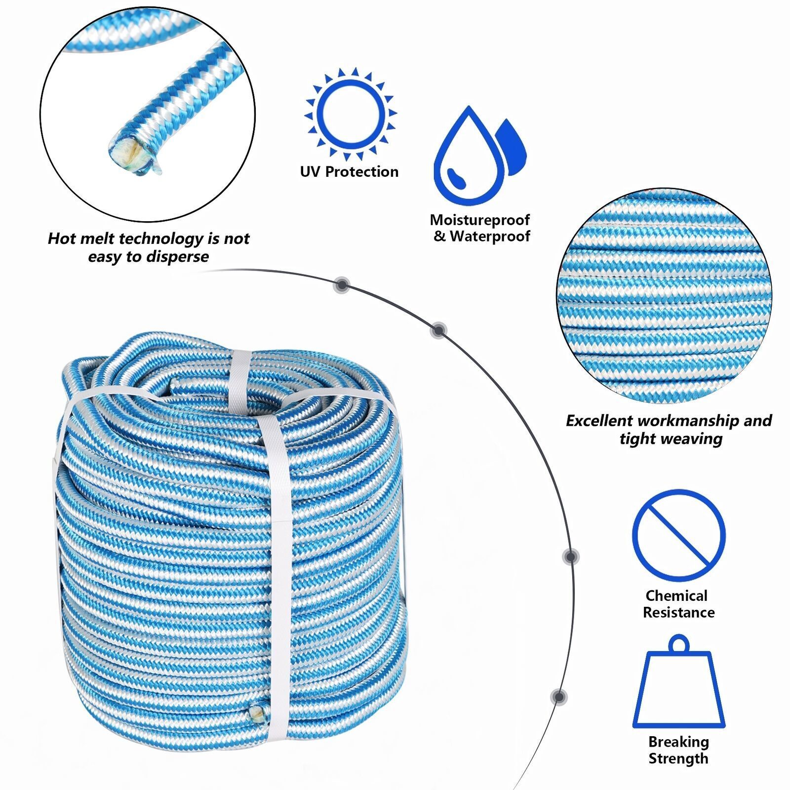 1/2" × 150' Arborist Tree Climbing Rope 16 Strand Braided Nylon Core Polyester