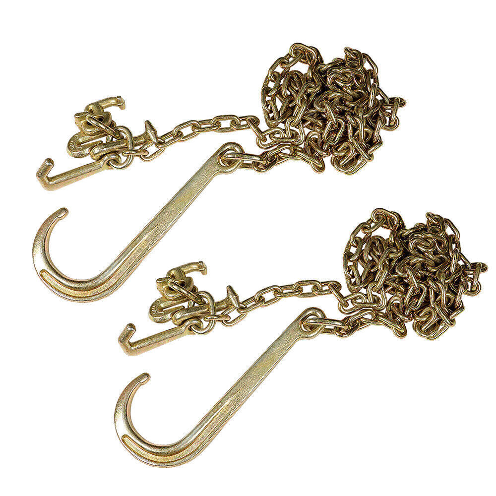 2× 5/16''x10' Transport Tow Chain J Hook Long Shank w/ Grab Hook G70