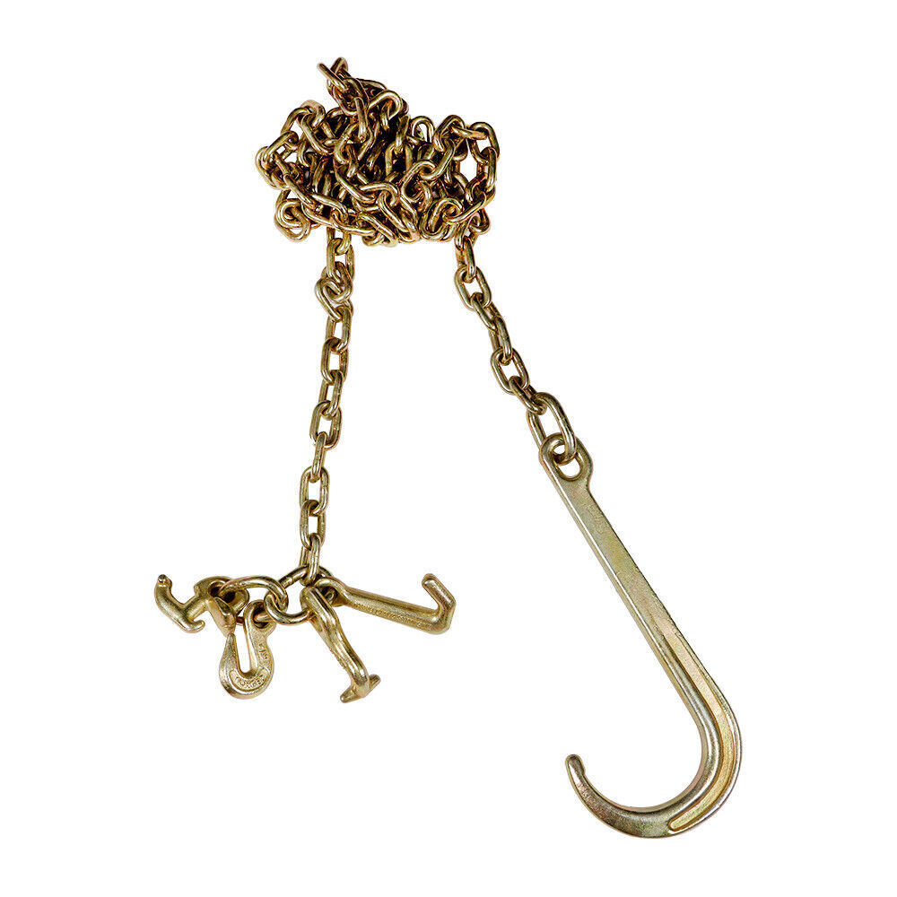 2× 5/16''x10' Transport Tow Chain J Hook Long Shank w/ Grab Hook G70
