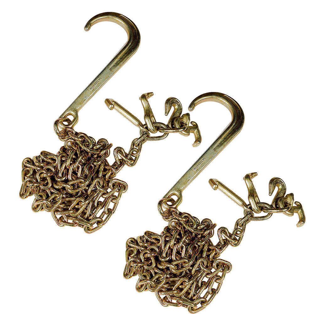 2× 5/16''x10' Transport Tow Chain J Hook Long Shank w/ Grab Hook G70