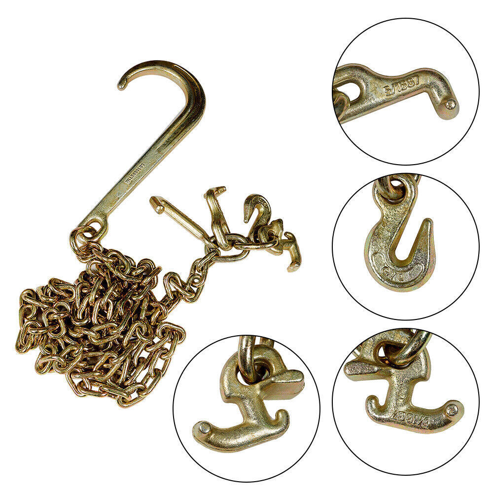 2× 5/16''x10' Transport Tow Chain J Hook Long Shank w/ Grab Hook G70