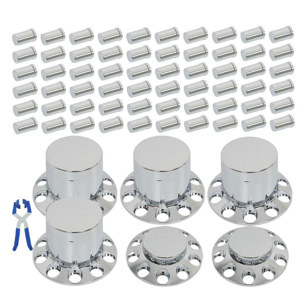 33mm Chrome Flat Top Complete Hub Cover Kit Lug Nut Wheel Axle Covers Semi Truck