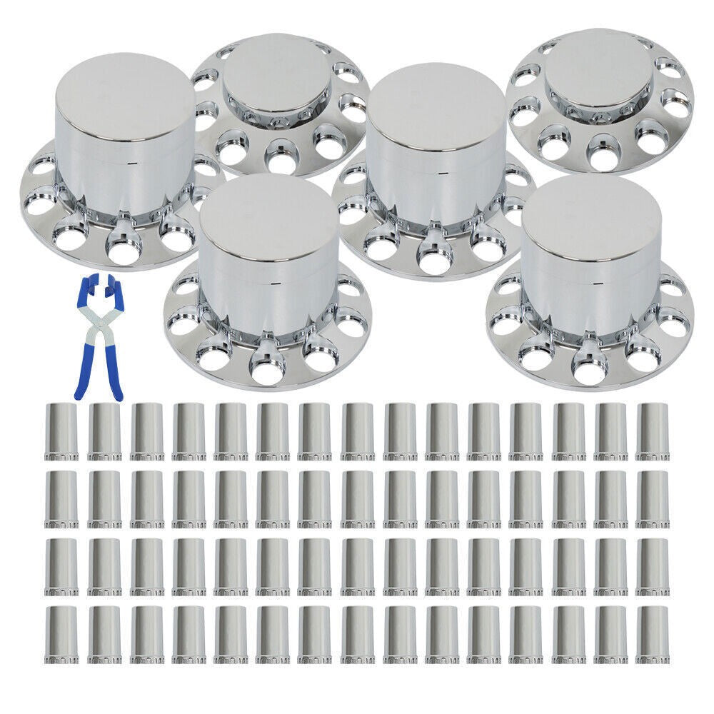 33mm Chrome Flat Top Complete Hub Cover Kit Lug Nut Wheel Axle Covers Semi Truck