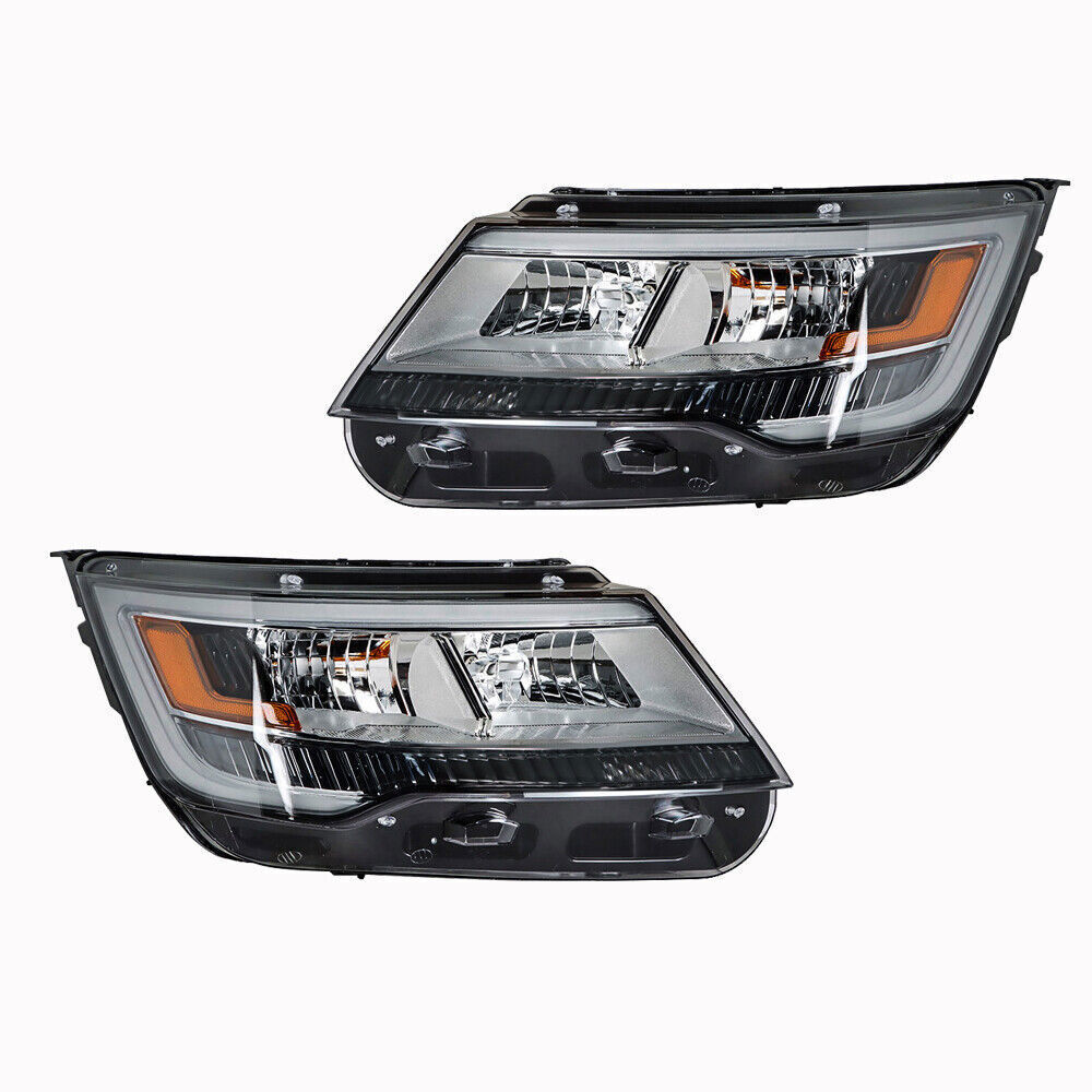 Right+Left Headlights For 2016-18 Ford Explorer Halogen W/LED DRL Chrome