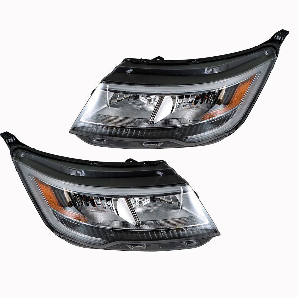 Right+Left Headlights For 2016-18 Ford Explorer Halogen W/LED DRL Chrome