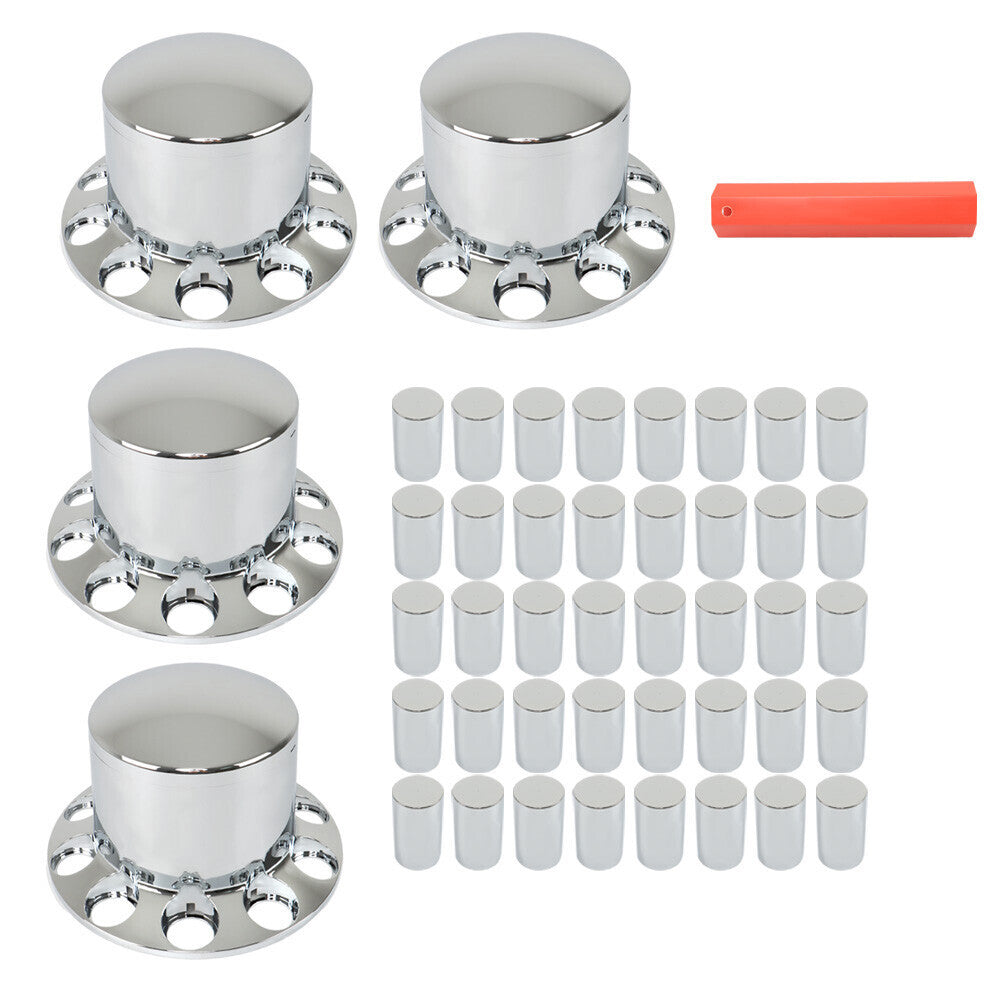 Rear 33mm Chrome Semi Truck Wheel Axle Covers w/ Hub Caps Lug Nuts Set of 4