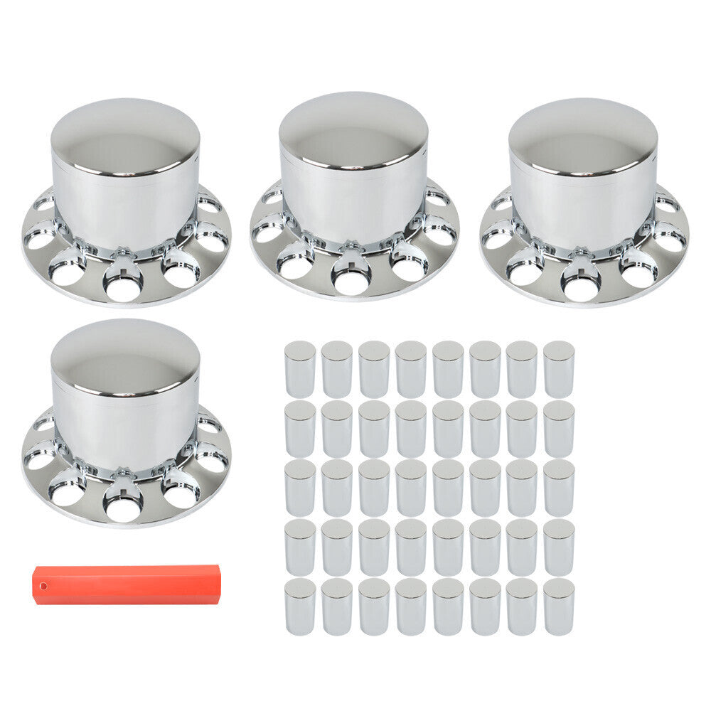 Chrome Semi Truck Rear 33mm Wheel Axle Covers w/ Hub Caps Lug Nuts Set of 4