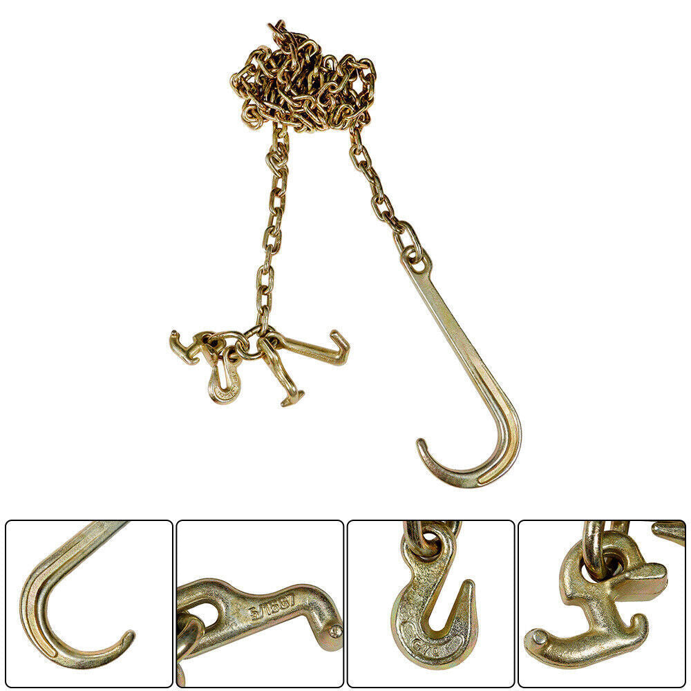 New 2PCS G70 5/16''x10' Transport Tow Chain J Hook Long Shank w/ R T J&Grab Hook