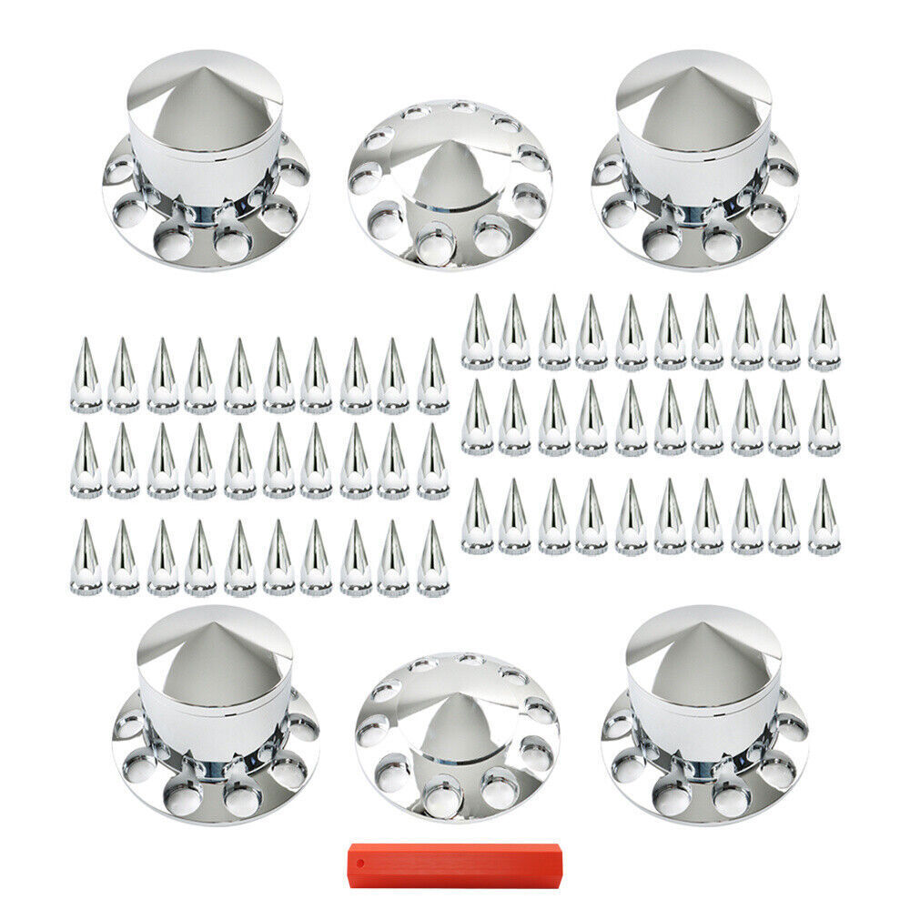 Chrome Hub Cover Kit 33mm Front & Rear Semi Truck Wheel Axle Covers Spiked