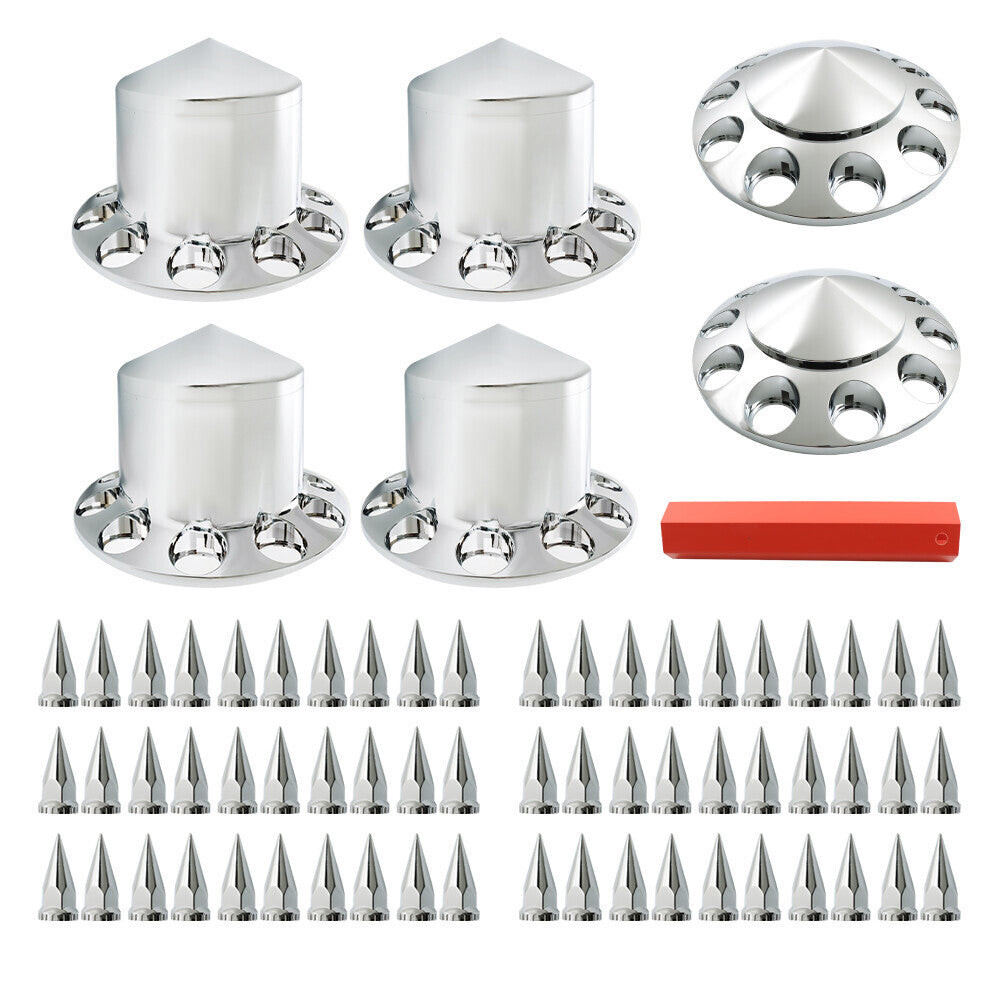 For Semi Truck Wheel Axle Covers Spiked Chrome Front + Rear Hub Cover Kit 33mm