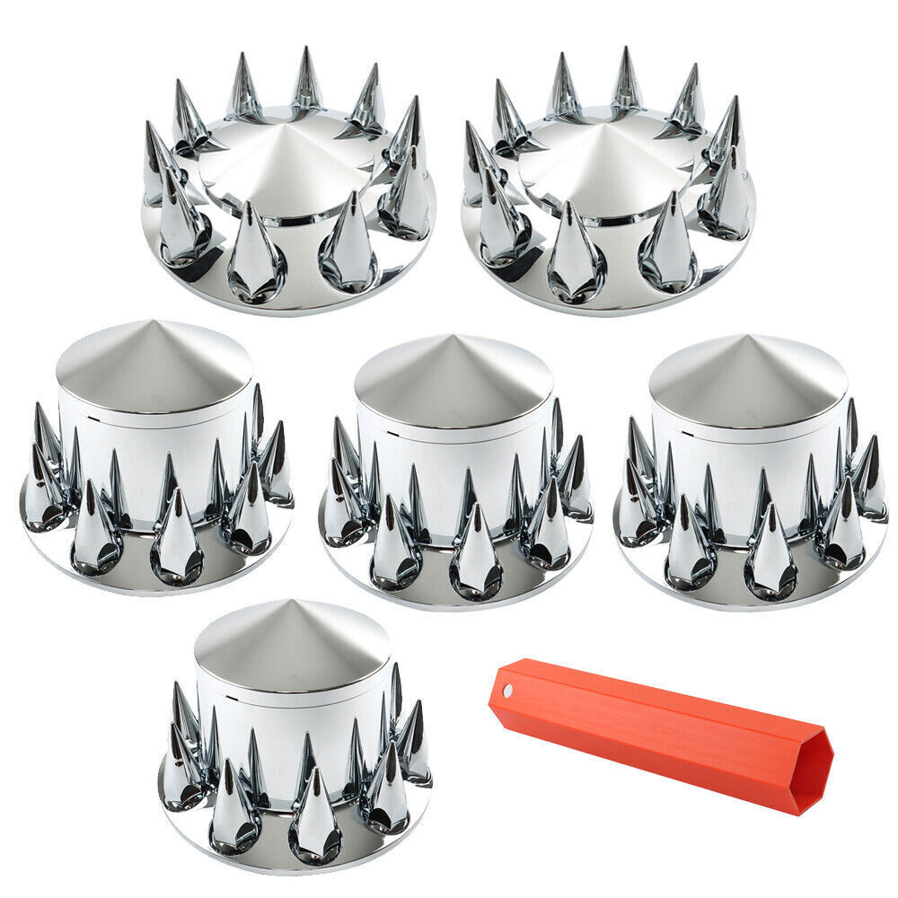 For Semi Truck Wheel Axle Covers Spiked Chrome Front + Rear Hub Cover Kit 33mm