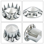 For Semi Truck Wheel Axle Covers Spiked Chrome Front + Rear Hub Cover Kit 33mm