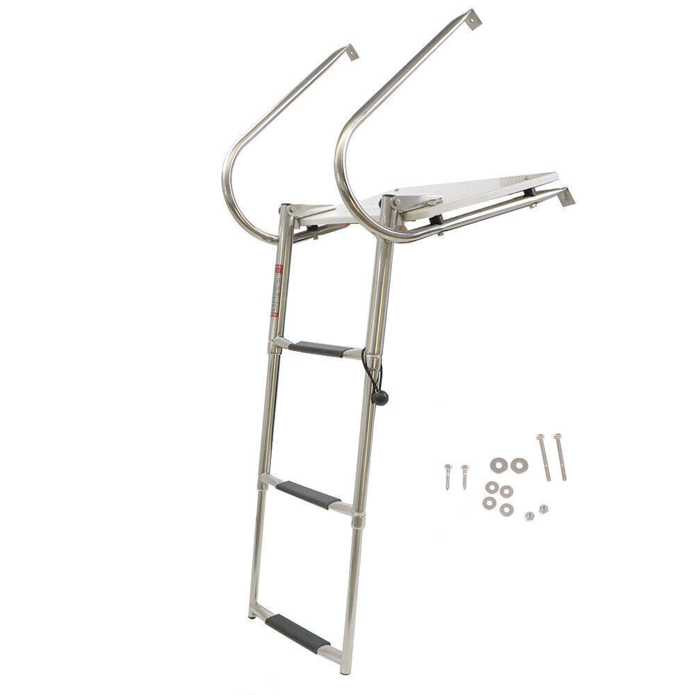 3 Step Stainless Steel Telescoping Boat Ladder With Platform 2 Handrails