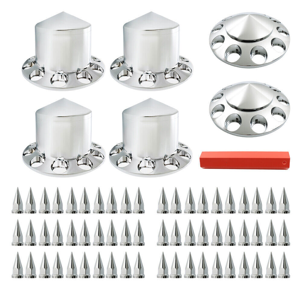 Chrome Hub Cover Kit 33mm Front Rear for Semi Truck Wheel Axle Covers Spiked