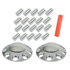 Set of 2 Semi Truck Front Axle Cover Hub Cap Thread-On 33mm Lug Nuts Chrome