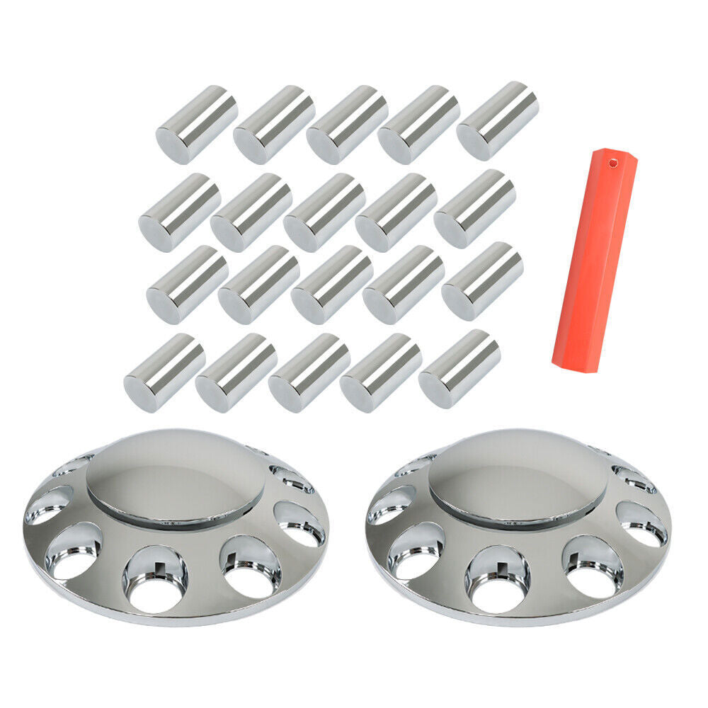 Set of 2 Semi Truck Front Axle Cover Hub Cap Thread-On 33mm Lug Nuts Chrome