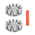 Set of 2 Semi Truck Front Axle Cover Hub Cap Thread-On 33mm Lug Nuts Chrome