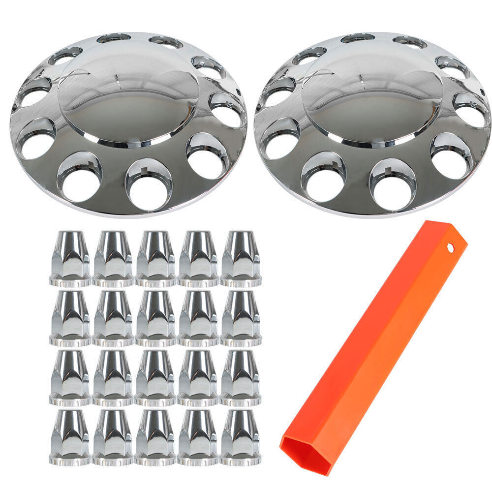 Chrome Front Axle Wheel Cover with Hub Cap 33mm Lug Nuts For Semi Truck Set of 2