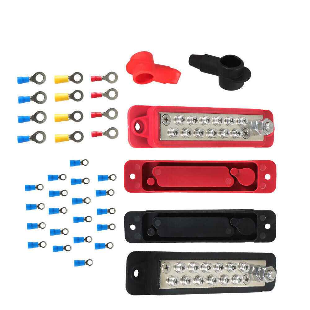 12 Point Busbar Bus Bar Power Distribution Block 180A 12V DC Pair Black & Red