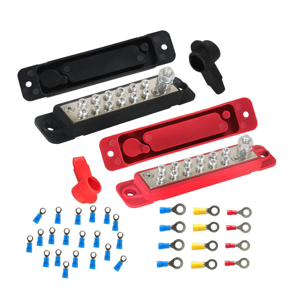 Black & Red Pair 12 Point Busbar Bus Bar Power Distribution Block 180A 12V DC