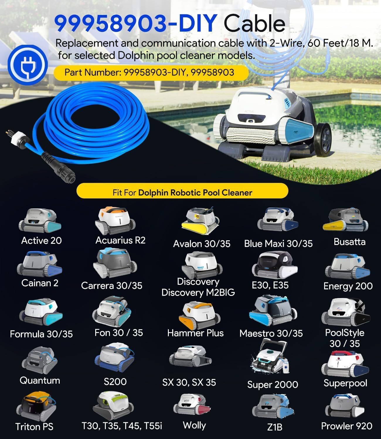60ft 99958903-DIY Cable 2 Wire for Dolphin Maytronics Pool Cleaner S200 Active20