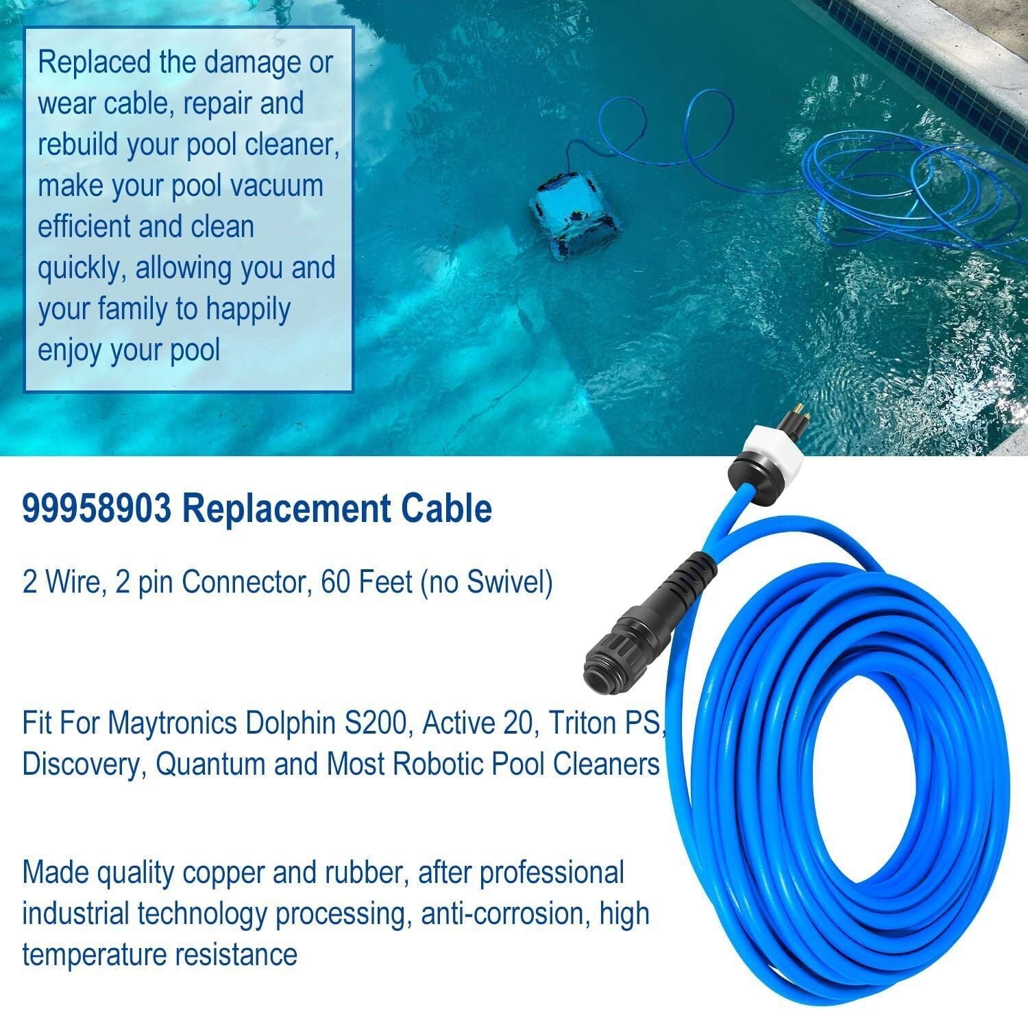 60ft 99958903-DIY Cable 2 Wire for Dolphin Maytronics Pool Cleaner S200 Active20