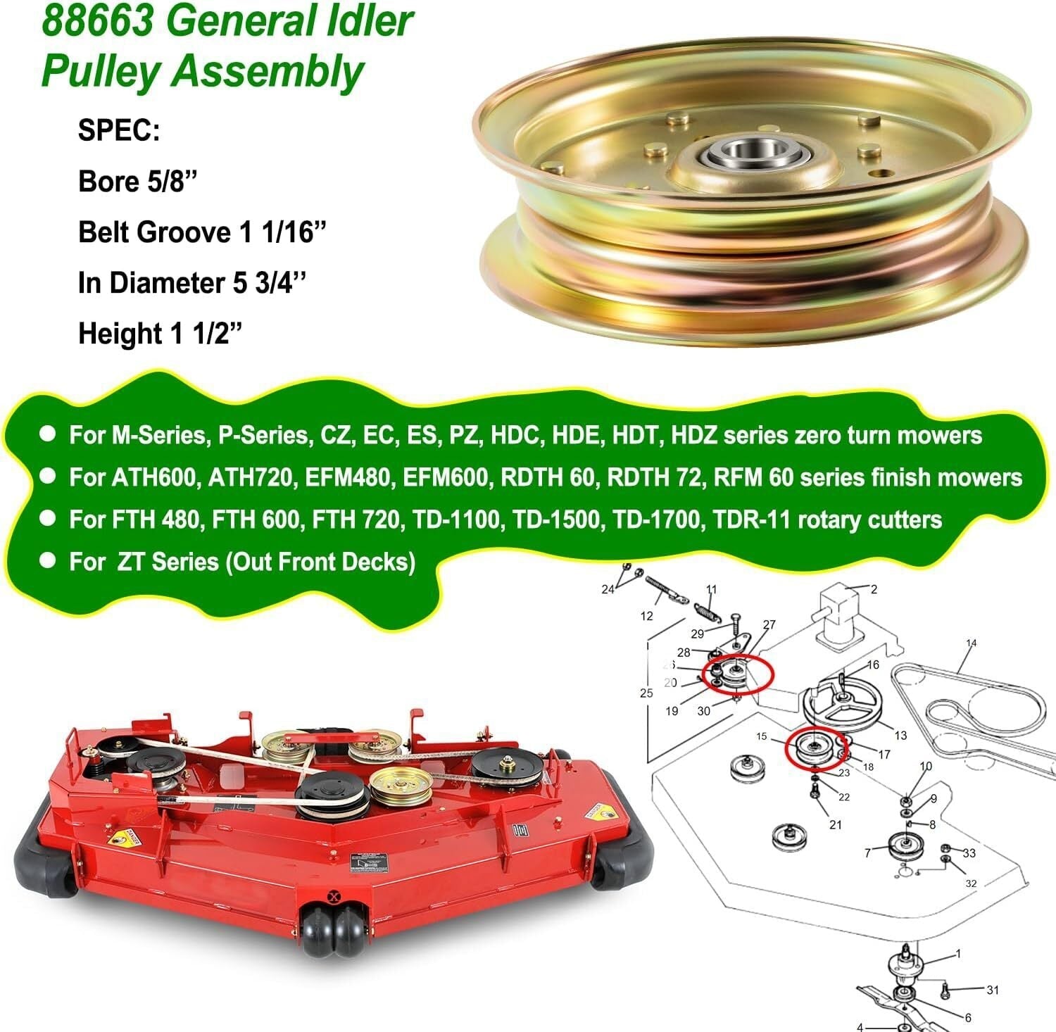 88663 Finish Mower Idler Pulley for Bush Hog 5-3/4" Diameter & Zero Turn Mowers