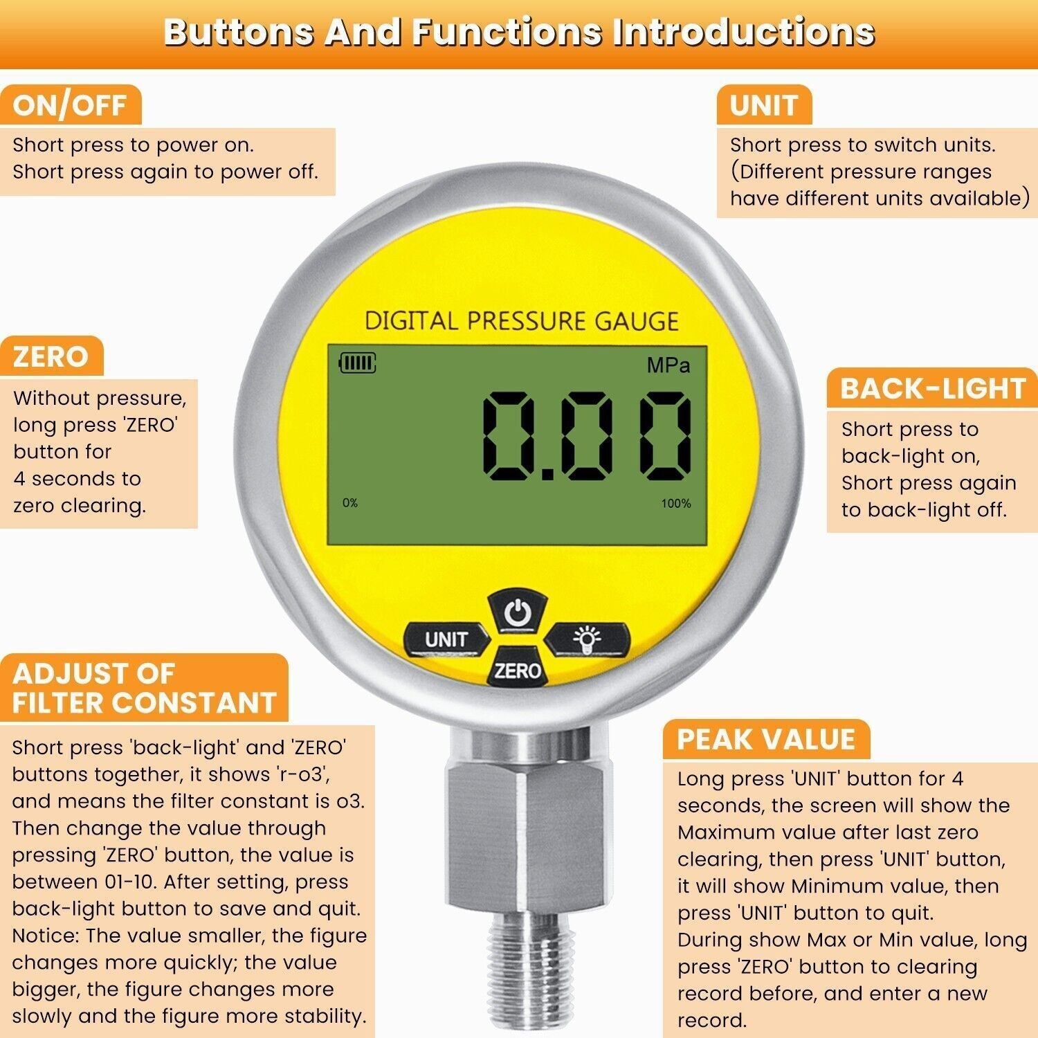 10000PSI Digital Hydraulic Pressure Gauge Test Coupling Kit 1/4 NPT 700BAR/70Mpa