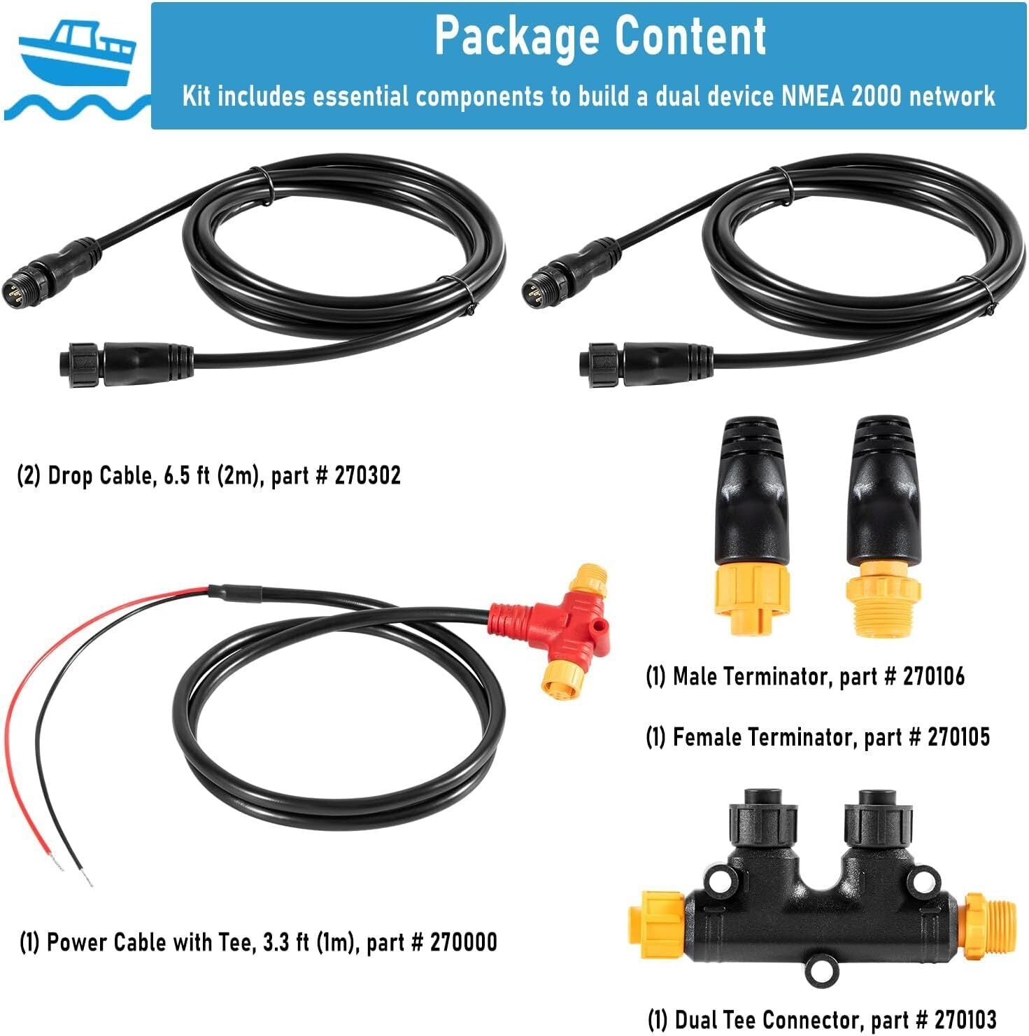 NMEA 2000 2K Network Starter Kit Cable Tee Terminator for Lowrance Simrad Garmin