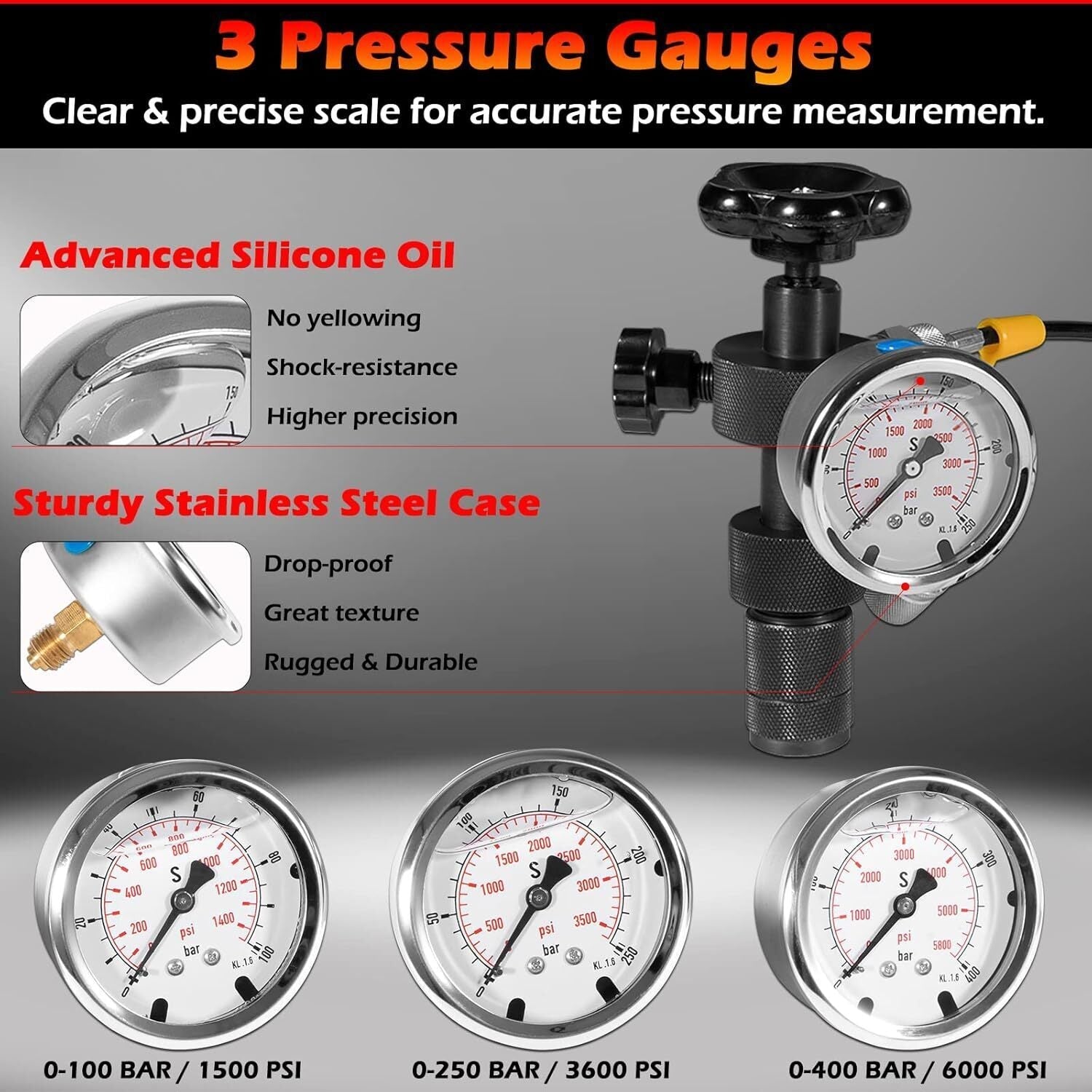 GK-01 Hydraulic Accumulator Nitrogen Charging Pressure Test Gauge Kit 6000 PSI