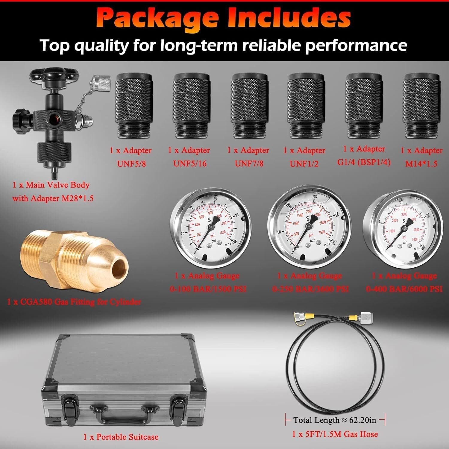 GK-01 Hydraulic Accumulator Nitrogen Charging Pressure Test Gauge Kit 6000 PSI