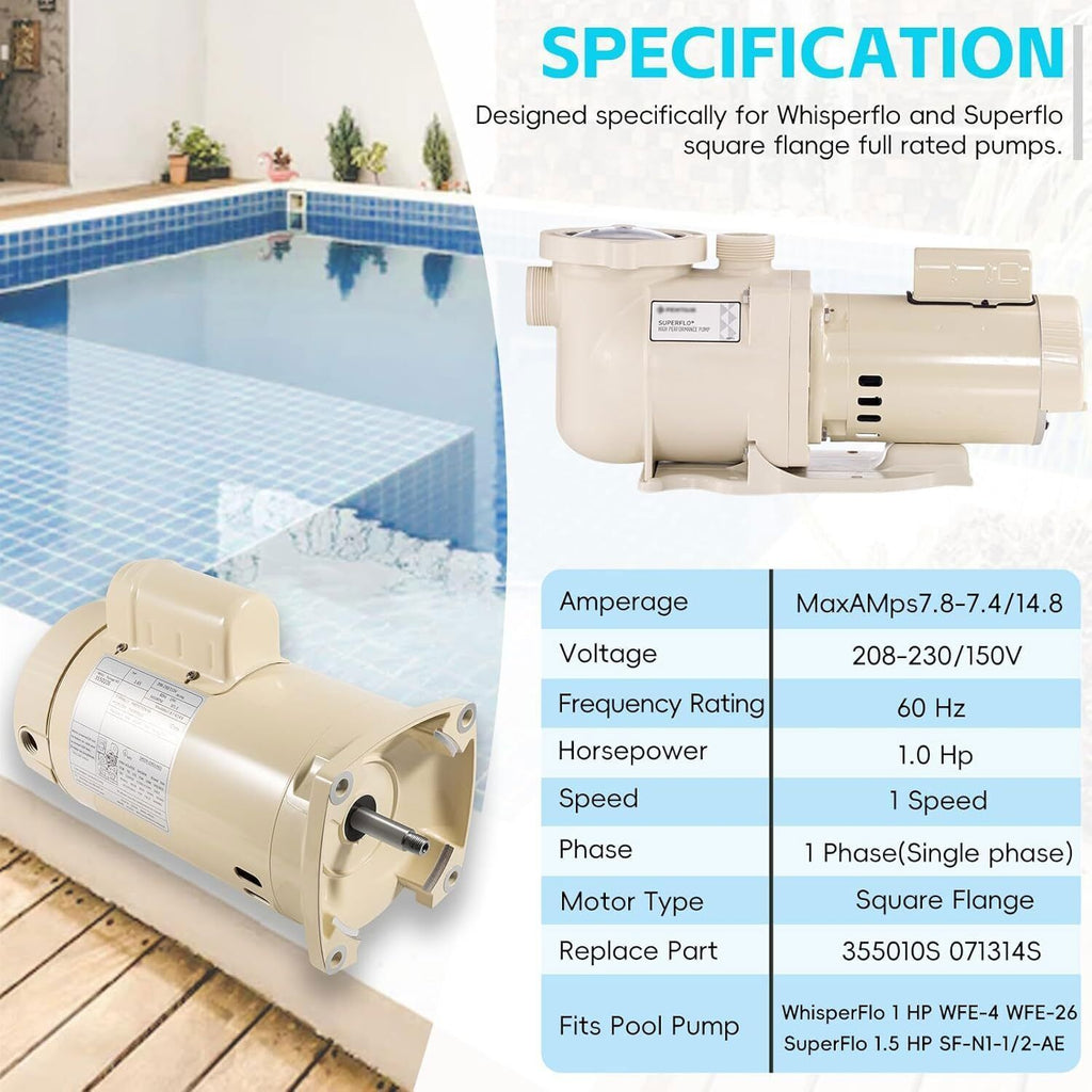 355010S Pool Pump Motor 1HP for Pentair WhisperFlo WFE-4/26 SuperFlo SF-N1-1-AE
