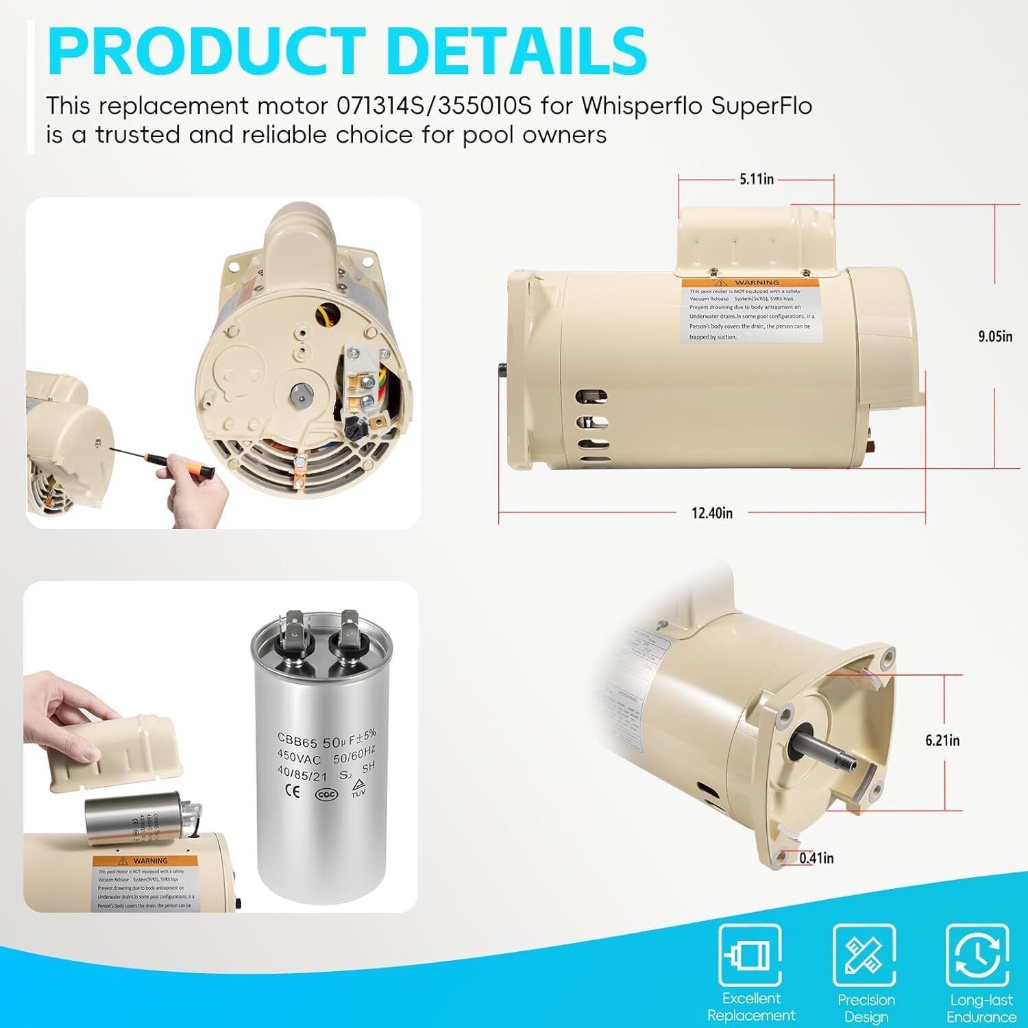 355010S Pool Pump Motor 1HP for Pentair WhisperFlo WFE-4/26 SuperFlo SF-N1-1-AE