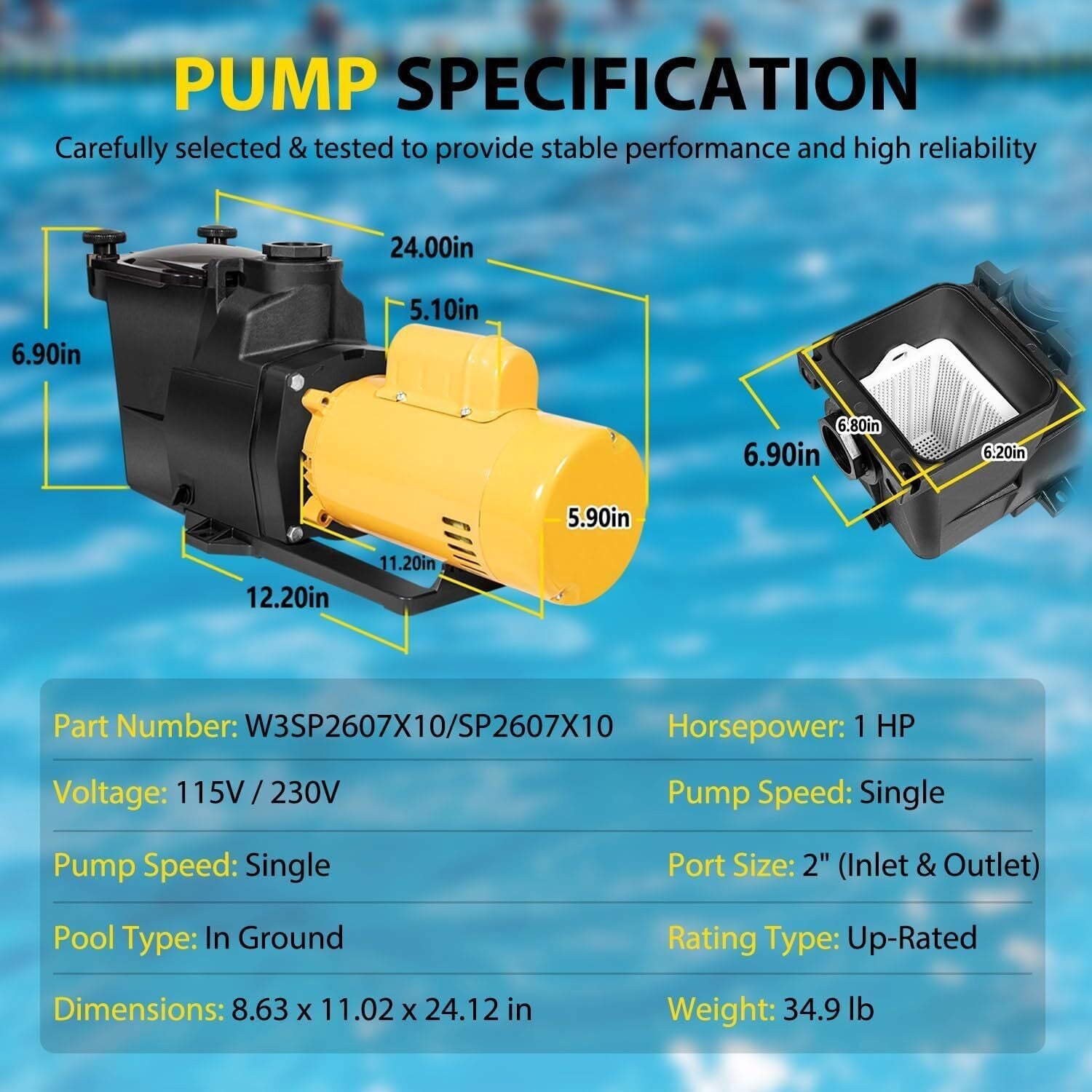For Hayward W3SP2607X10 Super Pump Swimming Pool Pump,1 HP 115/230V Single Speed