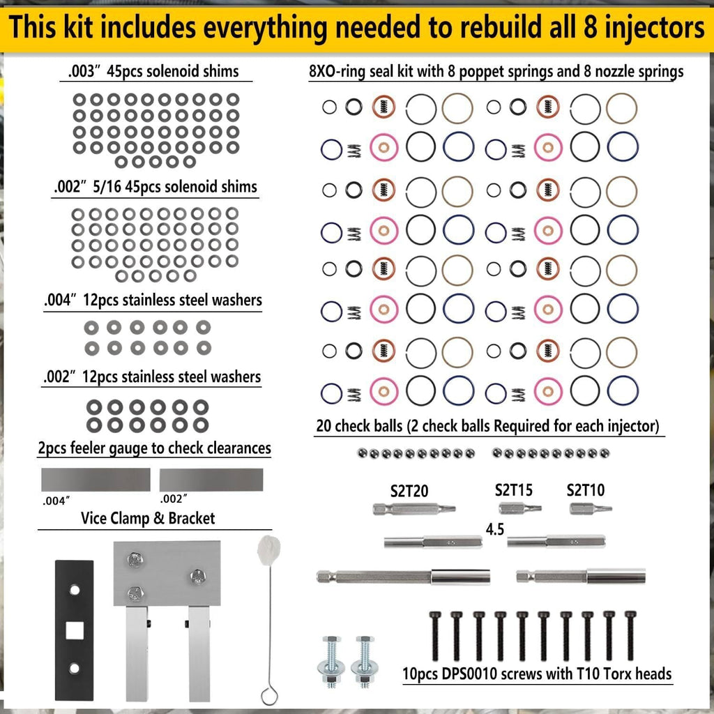 For Ford 7.3L PowerStroke Injector Rebuild Kit w/ Vice Clamp, Springs & O-Ring