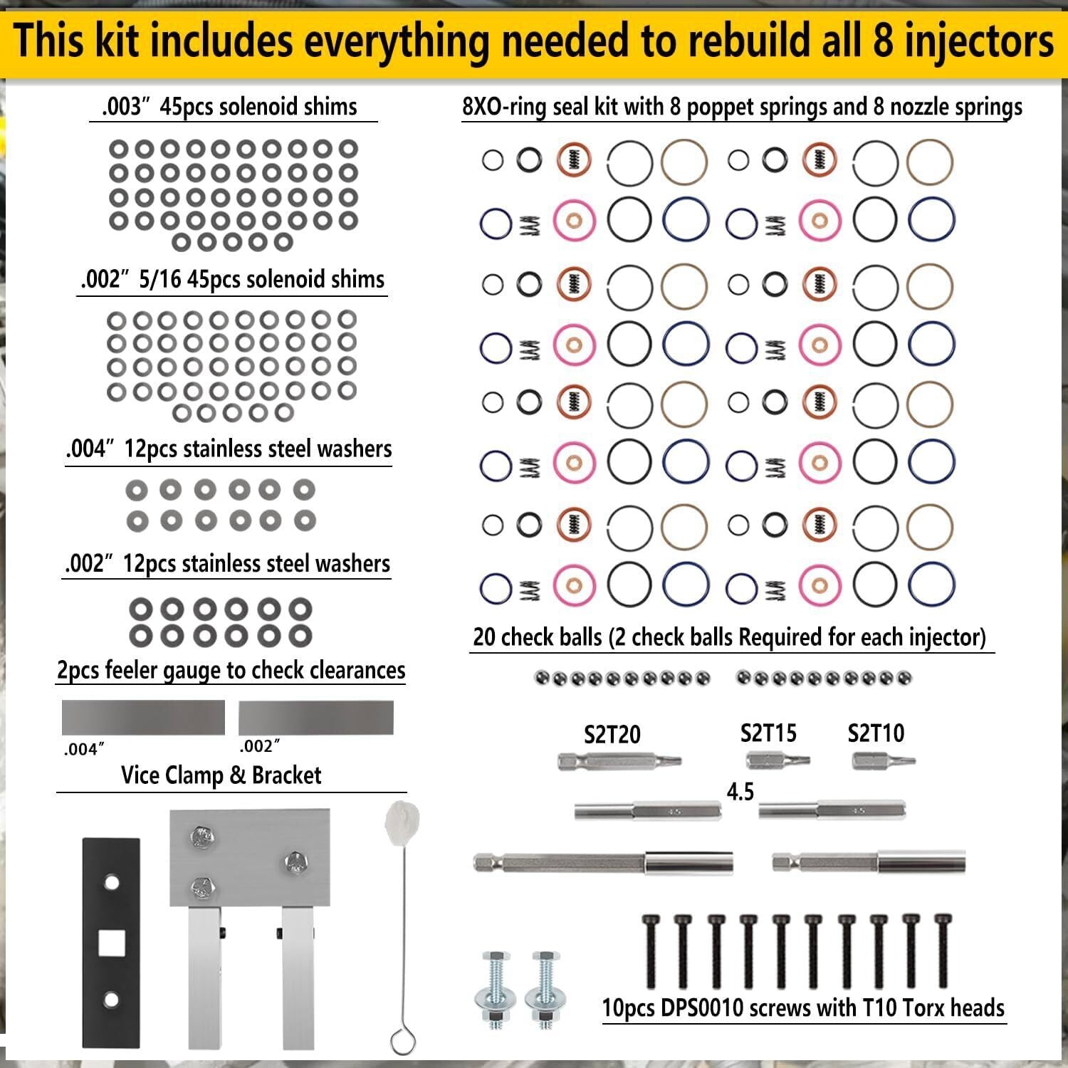 For Ford 7.3L PowerStroke Injector Rebuild Kit w/ Vice Clamp, Springs & O-Ring