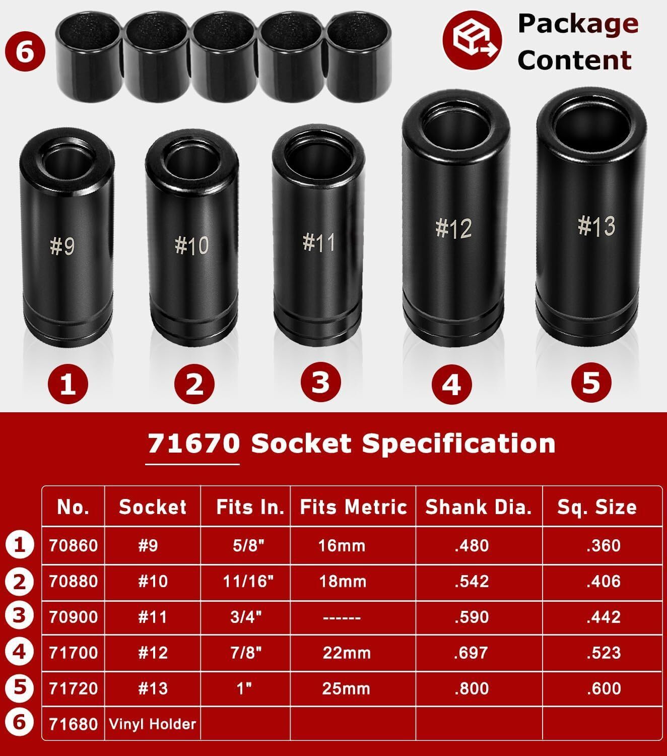 71670 Large Tap Socket Set For 5/8", 11/16", 3/4", 7/8" and 1" Taps, 1/2" Drive