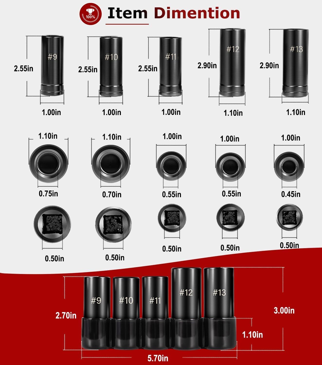 71670 Large Tap Socket Set For 5/8", 11/16", 3/4", 7/8" and 1" Taps, 1/2" Drive