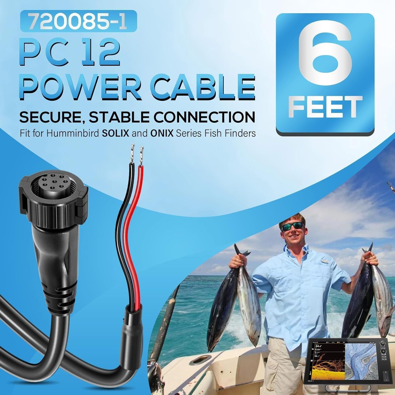 PC12 Power Cord 6' Power Cable for Humminbird SOLIX ION ONIX Fishfinder 720085-1