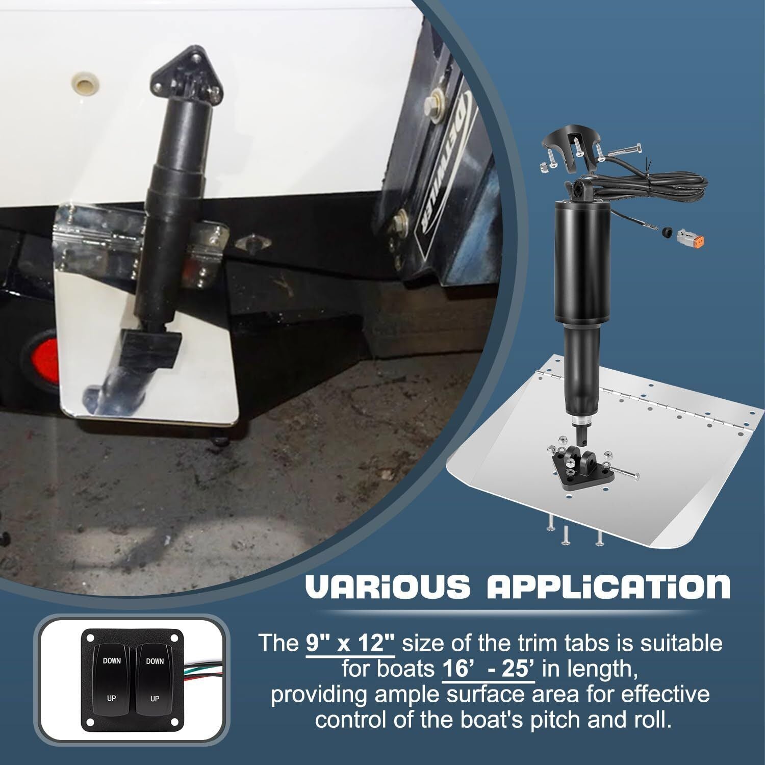 Marine 9"X12" Standard Mount Trim Tab Kit 12V W/ Double Rocker Switch 15101-104