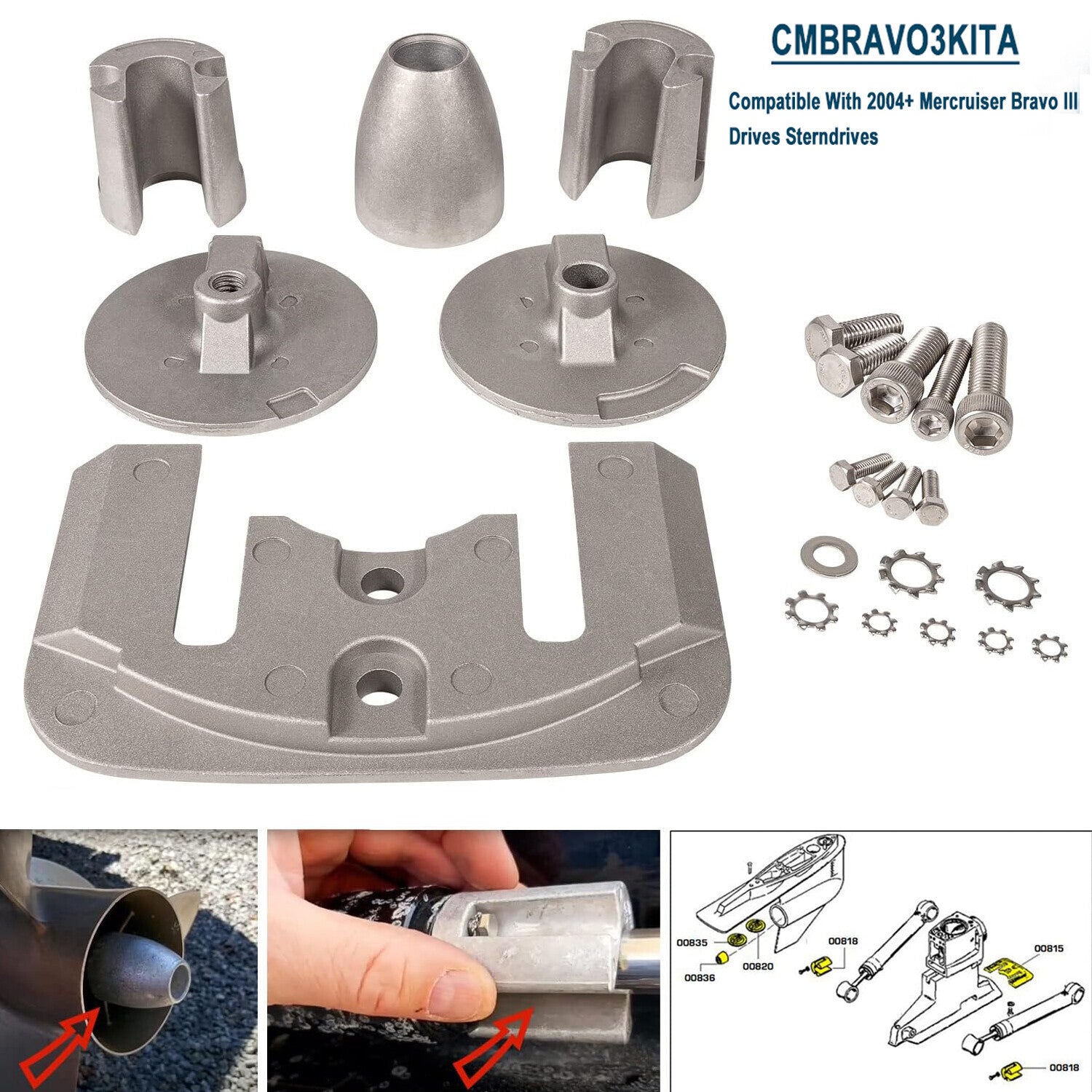 For Mercruiser Bravo 3 Aluminum Anode Kit 2004 -present w/ hardware 888761Q04