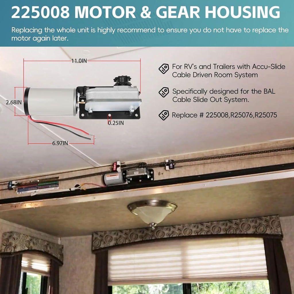 225008 RV Slide Out Motor & Gear Housing for BAL Accu-Slide Cable Slide Out Syst