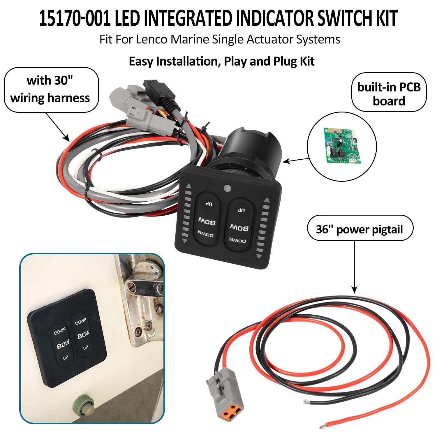 15170-001 LED Integrated Indicator Tactile Trim Tab Switch Kit for Lenco Marine