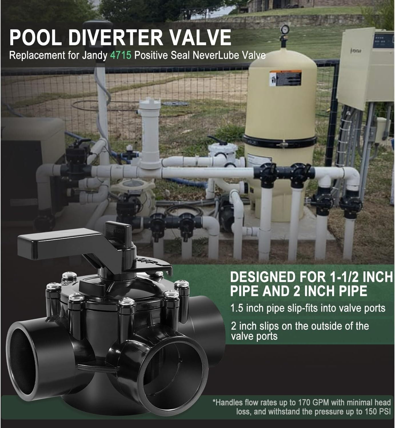 For 4715 Jandy NeverLube Diverter Valve Positive Seal 3-Port 1-1/2" to 2" Pipe